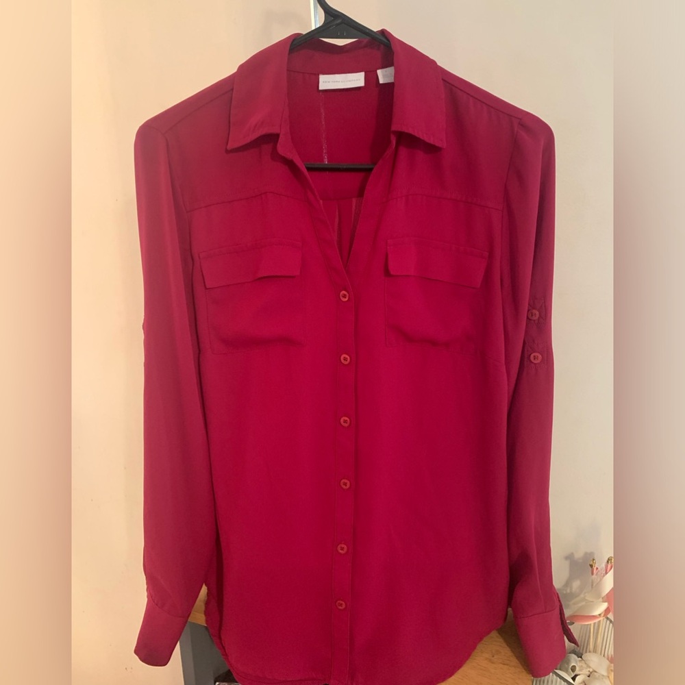 New York & Company Fustian Pink Tunic Blouse Front Pockets Size Small